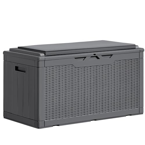 Greesum 100 Gallon Resin Deck Box Large Outdoor Storage Bench with Cushions for Garden Tools, Patio Furniture Pillows, Pool Supplies, Black