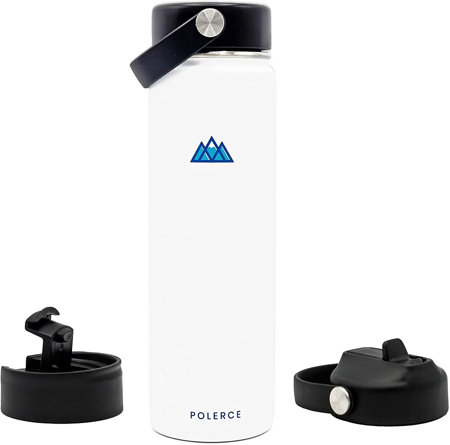 Vacuum Insulated Bottle with 3 Lids - Stainless Steel Thermally Insulated Flask - 21 Fl Oz - White - by Polerce