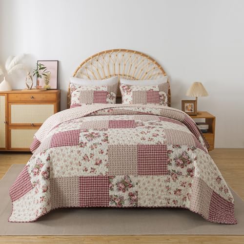 SLPR Walk in The Cotswolds Patchwork Cotton Pieced Quilt Set - Queen Size with 2 Shams, Neutral Floral & Cream Cottage Quilted Bedspread, French Country Farmhouse Bedding for All Seasons