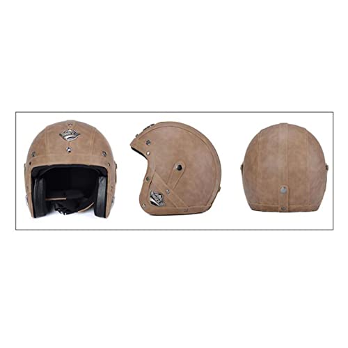 Leather Motorcycle Vintage Half Helmets Cruiser Scooter Touring Helmet DOT Approved Street Motorbike Moped Jet Style Helmet for Men and Women Retro Locomotive Motorcycle Helmet