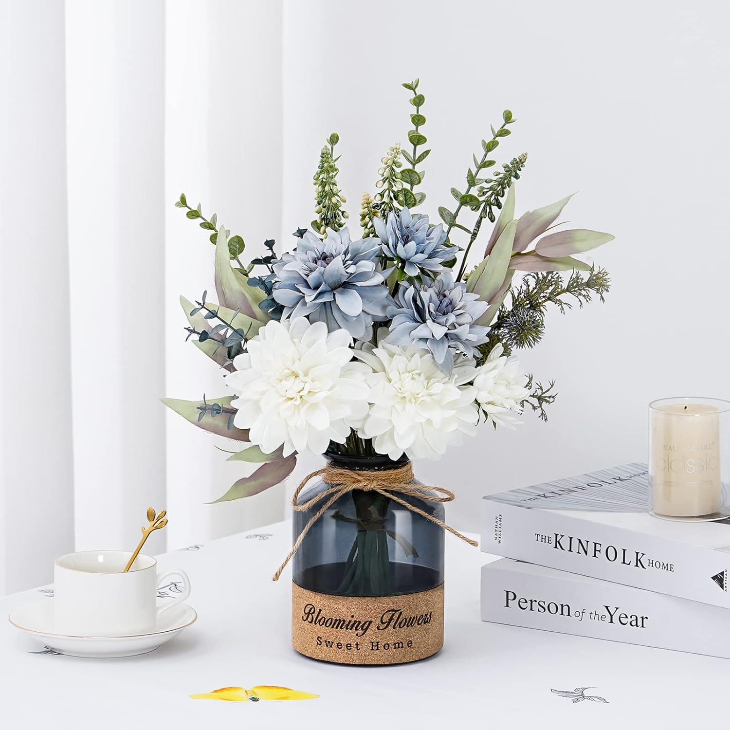 Houele Fake Flowers Artificial Blue White Dahlia Flowers with Glass Vase Faux Silk Flower Arrangements Boho Flower Decor for Farmhouse Dining Table Centerpieces Home Office Decor