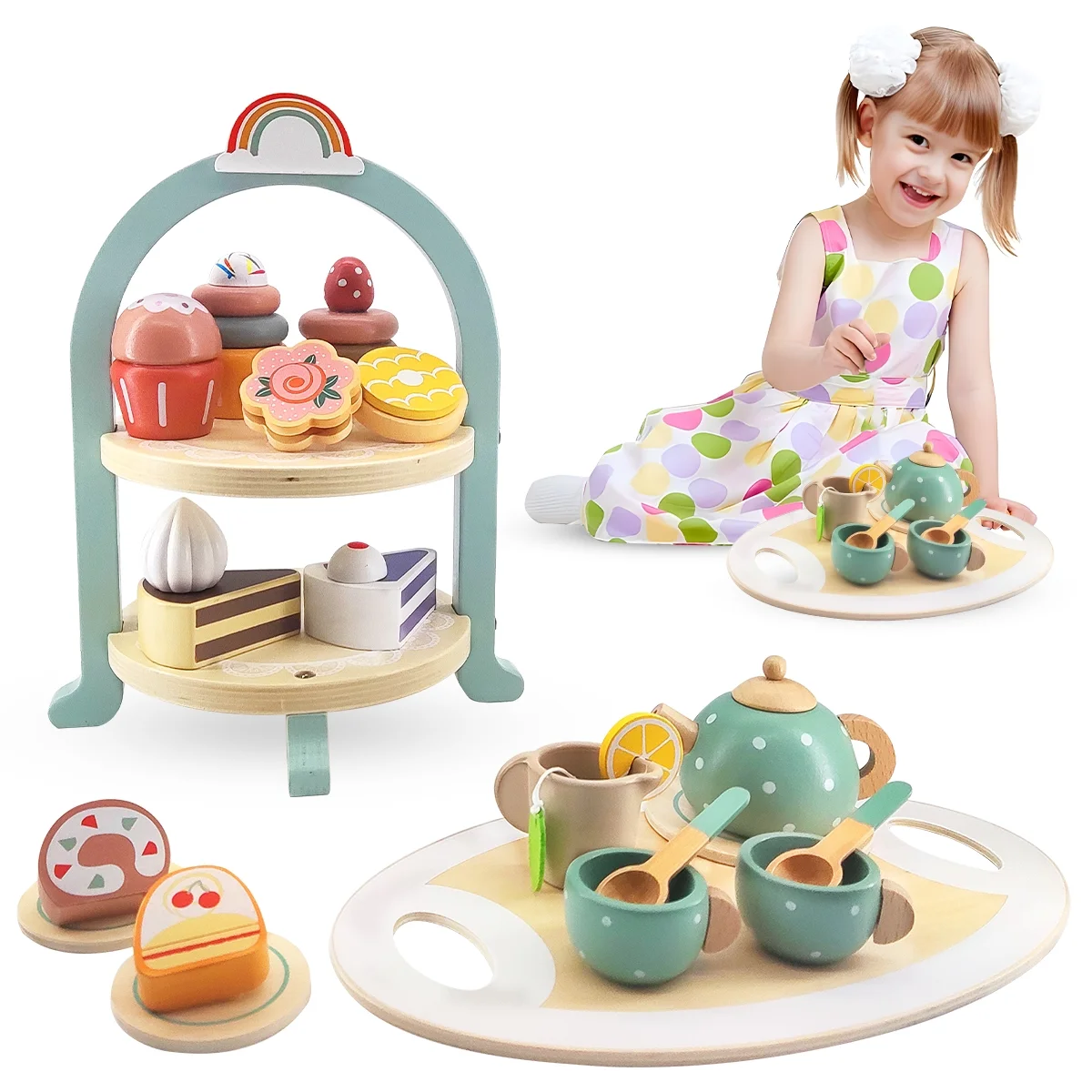 Tea Party Set for Little Girls,  Wooden Tea Set with Cake Stand, Food Pretend Play Accessories Kids Kitchen Playset Wooden Toys for 2 3 4 5 6 Year Old Girl Birthday Gift