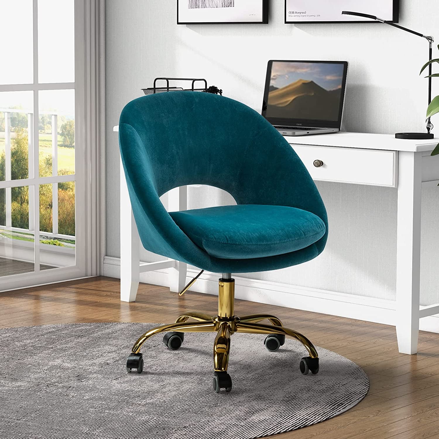 Modern Velvet Office Desk Chair Adjustable Swivel Upholstered Open Back Living Room Vanity Teal