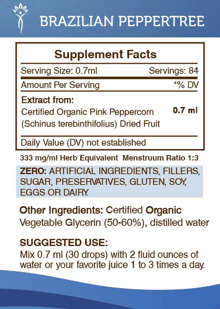 Brazilian Peppertree Tincture Alcohol-FREE Extract, Organic Schinus terebinthifolius Strong Tonic Effect 2 oz