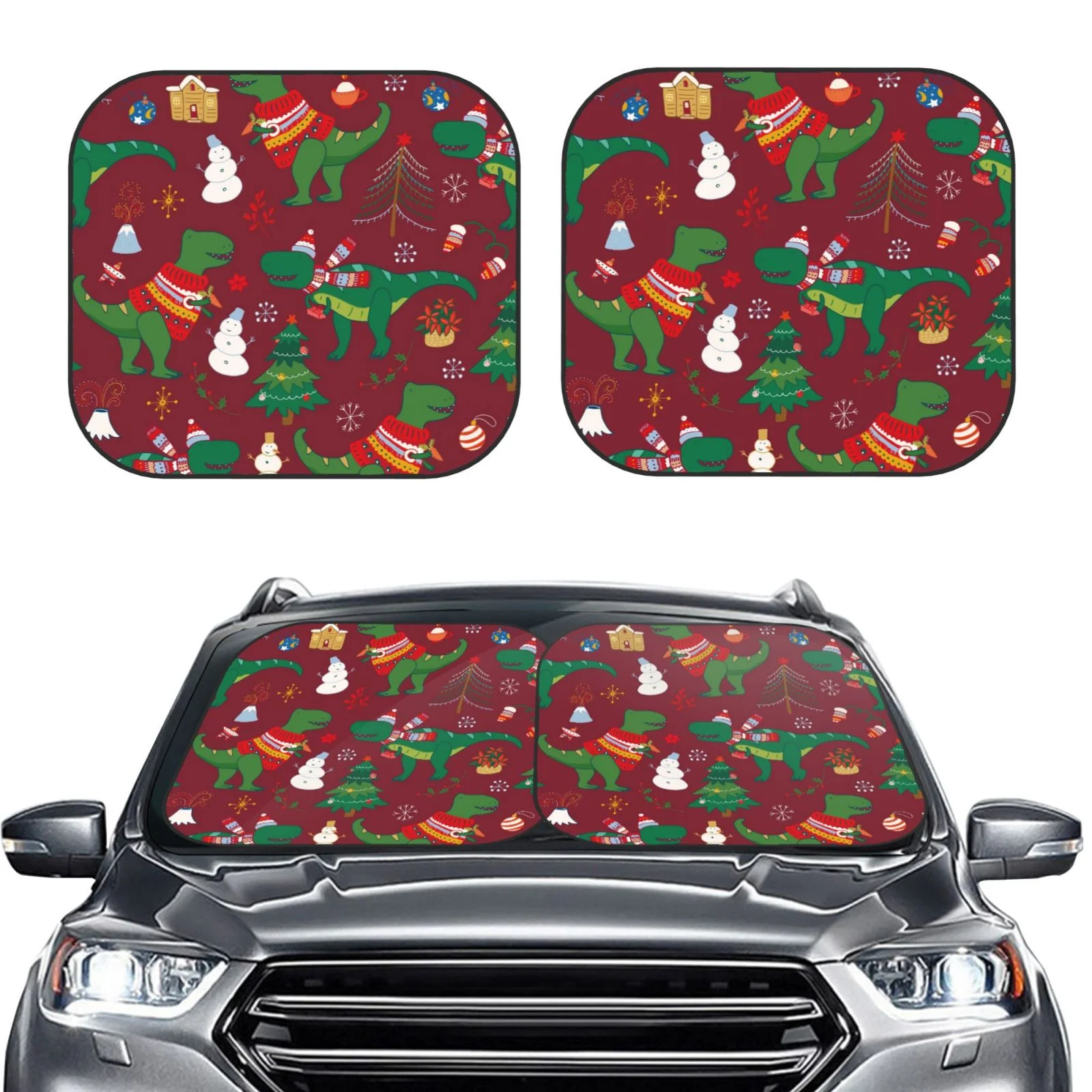 Daiia Dinosaur Christmas Happy New Year Windshield Sun Shade 2 Pack Foldable Car Front Window Sunshade For Most Sedans Suv Truck Auto Sun Blocker Visor Protector Blocks Max Uv Rays