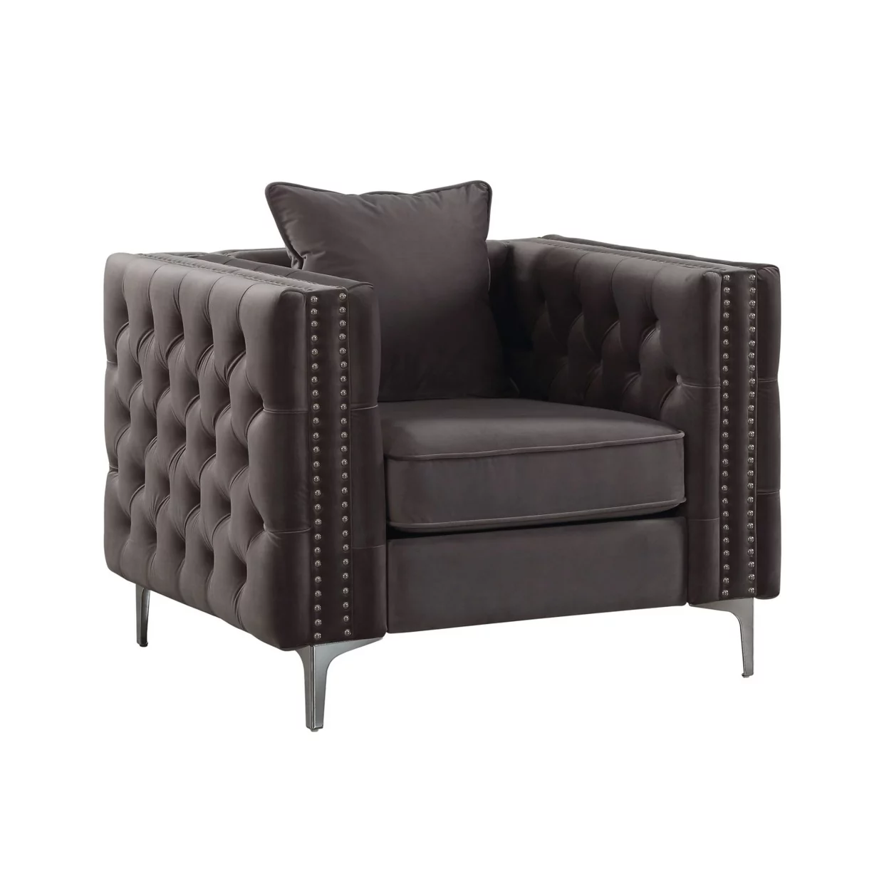 Fabric Upholstered Wooden Sofa Chair with Throw Pillow, Gray- Saltoro Sherpi