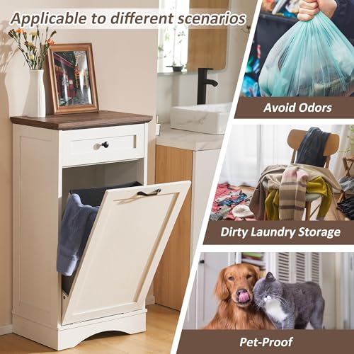 13 Gallons Tilt Out Trash Can Cabinet Freestanding Trash Cabinet Wood Garbage Recycling Cabinet with Hideaway Drawer Pet Proof Trash Can Holder for Kitchen Living Room, White