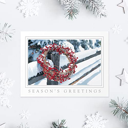 Masterpiece Holiday Greetings Trimmed In Scarlet Christmas Cards / 16 Boxed Snowy Cardinal Wreath Holiday Cards With Silver Foil Lined Envelopes / 5 5/8