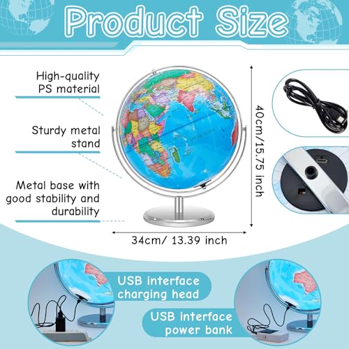 13 Inch Illuminated World Globe with Stand Rewritable Light up Globe for Kids World Map for Interactive Learning Large Globe Light with Base and Stand Light up Globe Lamp, Night LED Decor (Blue)