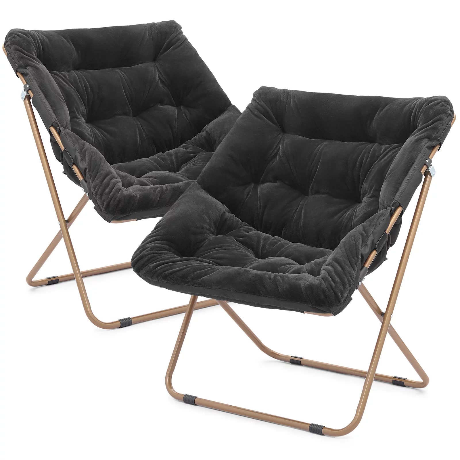 Magshion Set of 2 Saucer Chair Soft Faux Fur Folding Accent Chair, Square Lounge Lazy Chair Moon Chair with Metal Frame for Bedroom Living Room, Black