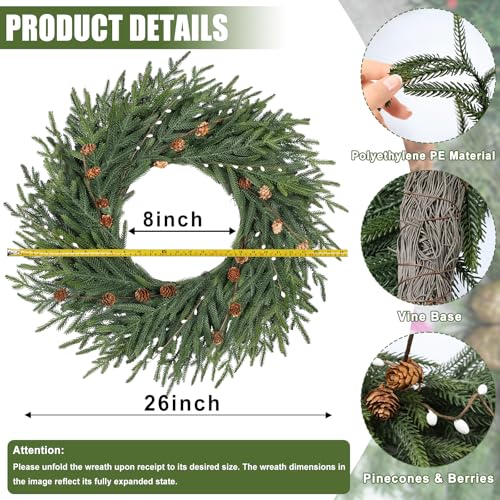 Artgar 26 Inch Pine Wreath - Christmas Wreaths for Front Door - Real Touch Pine Wreath - Large Artificial Green Wreaths for Walls Windows Porches Farmhouse Indoor Outdoor Home Decor