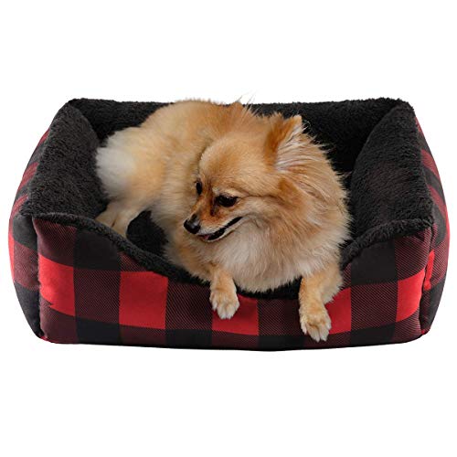 Hollypet Printed Flannel Rectangle Plush Dog Cat Bed Self-Warming Pet Bed, Christmas Red and Green Check