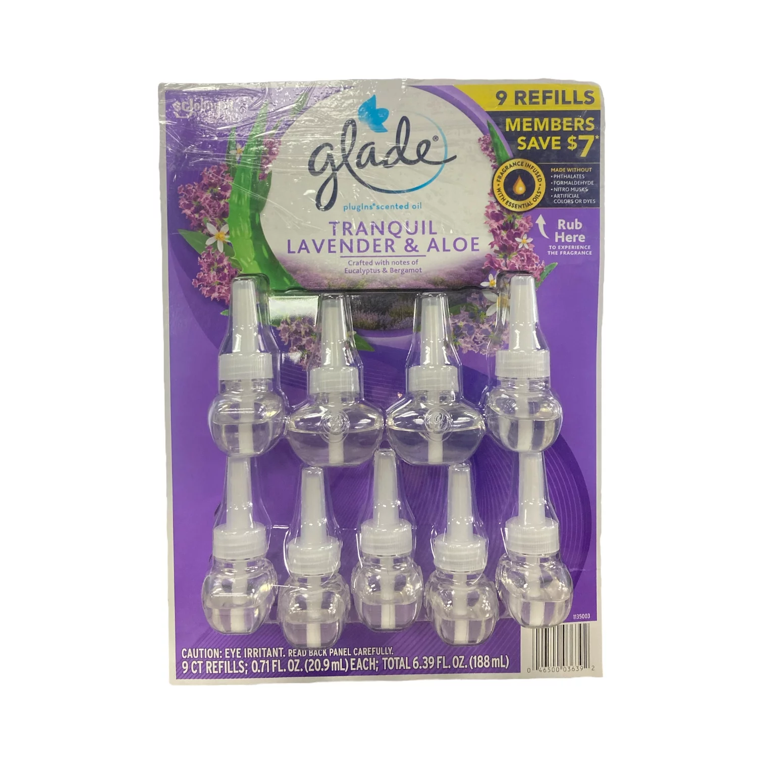 Glade PlugIns Refills Air Freshener, Scented and Essential Oils for Home and Bathroom, Tranquil Lavender & Aloe, 6.39 Fl Oz, 9 Count