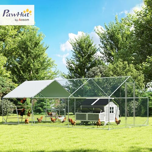 PawHut Large Metal Chicken Coop, Walk in Chicken Run with Waterproof & Anti-UV Cover, Feeding Door, Hanging Feeder, Perch, Outdoor Duck Cage Rabbit Hutch Pen, for 24-30 Poultries, 9.8' x 26.2' x 6.4'