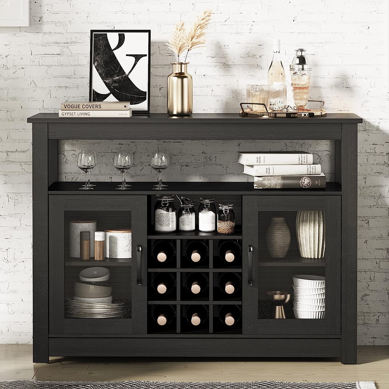 Cozy Castle Black Buffet Sideboard, Freestanding Buffet Storage Cabinet, Wine Liquor Bar Buffet Cabinet with Removable Wine Rack for Kitchen, Living Room, Dining Room