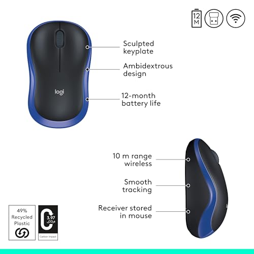 Logitech M185 Wireless Mouse, 2.4GHz with USB Mini Receiver, 12-Month Battery Life, 1000 DPI Optical Tracking, Ambidextrous PC/Mac/Laptop - Swift Grey