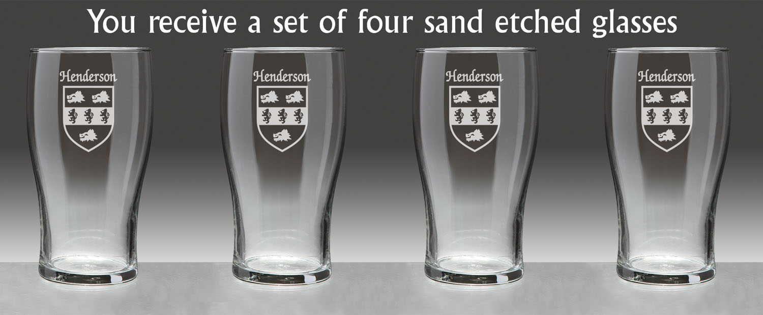Henderson Irish Coat of Arms Tavern Glasses - Set of 4 (Sand Etched)