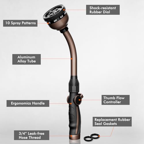 RESTMO Watering Wand Heavy Duty, Metal Garden Hose Wand with 10 Spray Patterns, 15-Inch Long Hose Nozzle Sprayer with Thumb Flow Control, Ideal to Water Hanging Baskets and Shrubs