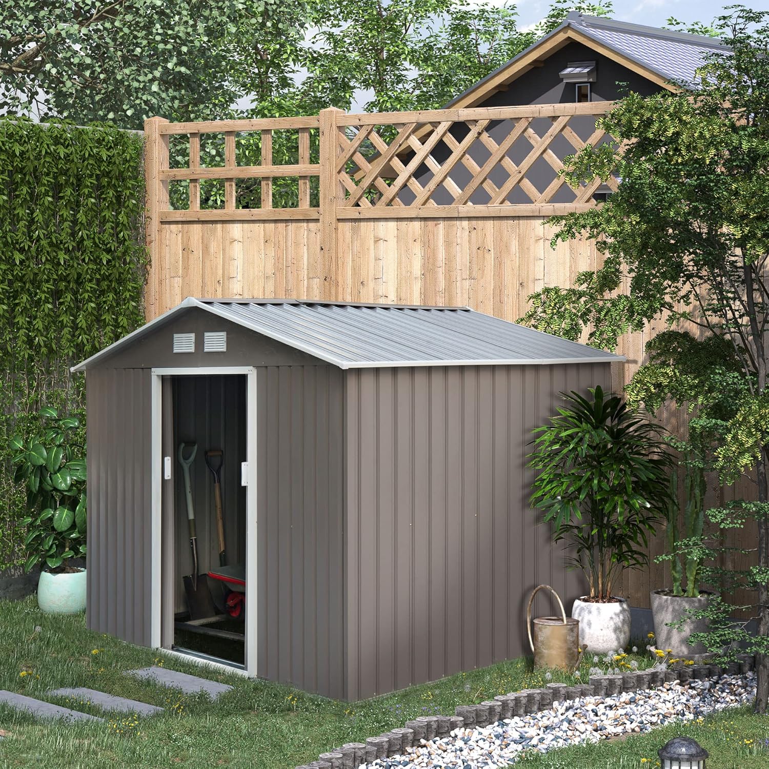 Outsunny 9' x 6' Outdoor Backyard Metal Garden Utility Storage Shed - Gray/White