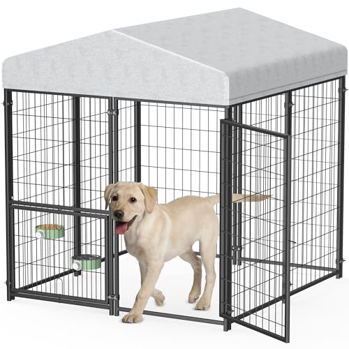 Mr IRONSTONE Large Dog Kennel Outdoor with Water-Resistant Roof Heavy Duty Outside Dog Kennel Pet Pens Dogs Run Enclosure with Rotating Feeder and Secure Lock (4'L x 4'W x 4.4'H)