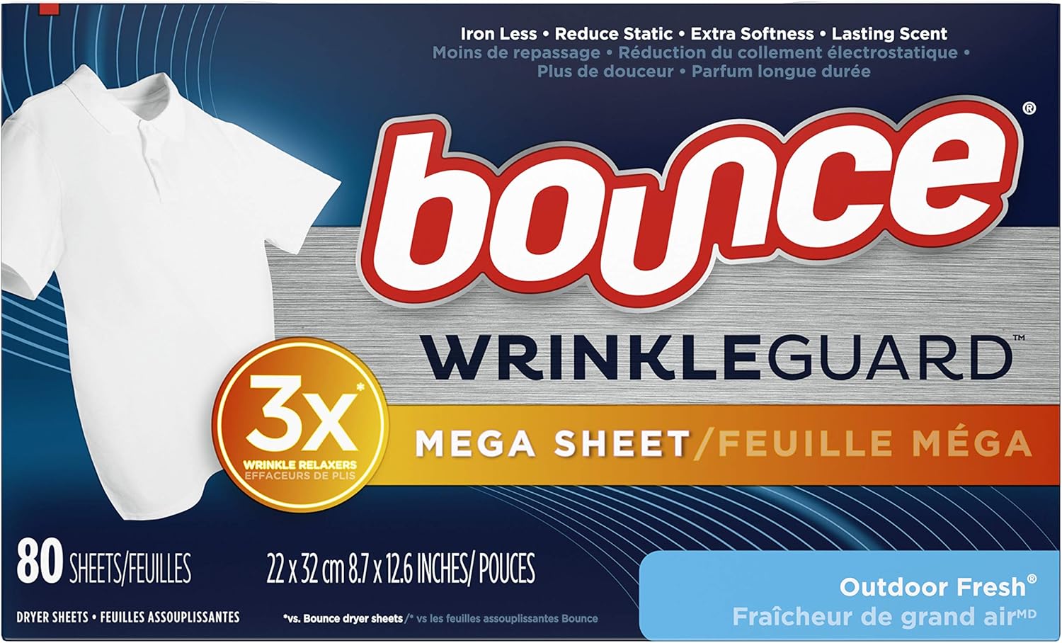 Bounce Bounce WrinkleGuard Mega Dryer Sheets, Fabric Softener and Wrinkle Releaser Sheets, Outdoor Fresh Scent, 80 Count, 80 Count