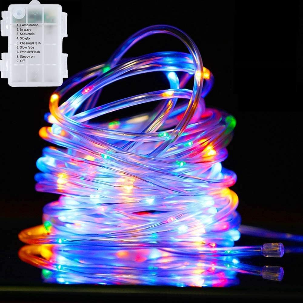 LED Rope Lights Battery Operated, 33Ft 100 LED Outdoor/Indoor Waterproof Fairy Lights 8 Modes Dimmable/Timer with Remote Control for Christmas Camping Party Garden Holiday Decoration (Cool White)