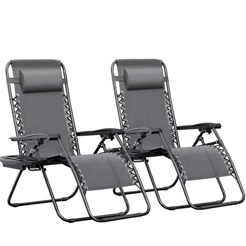 Greesum Zero Gravity Chairs Set of 2 Adjustable Steel Mesh Recliners Beach Deck Lawn Camping Patio Foldable Lounge Chair with Cup Holder Trays and Pillows,Brown