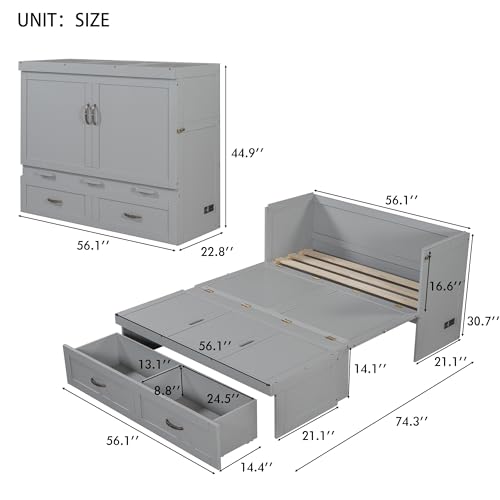 Ball & Cast Full Size Murphy Bed Chest, Space Saving Cabinet Bed Frame with USB Charging Station and Storage Drawer,Modern Folding Wall Bed with Wood Slats Support,No Box Spring Needed,Brushed White