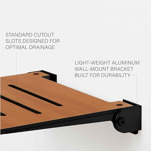 Seachrome 18 inch Silhouette Slimline Folding Wall Mount Shower Bench Seat, Rustic Teak Seat with Silver Frame
