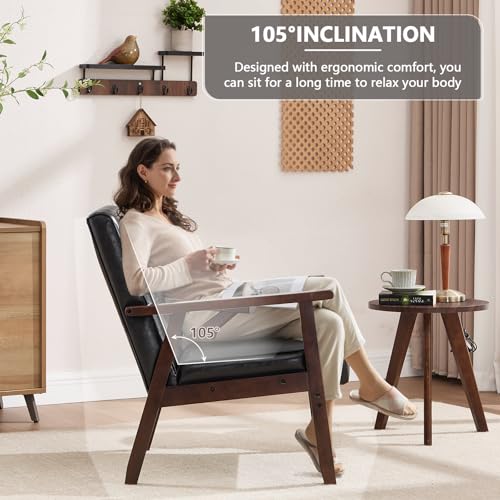 ANJ Mid Century Modern Accent Chair, Tufted Fabric Upholstery, Wood Frame, Beige