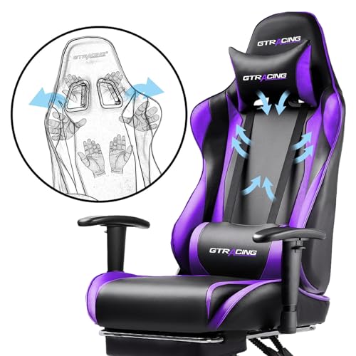 GTRACING Gaming Chair with Footrest, Ergonomic Computer Game Desk Chair, Reclining Game Chair Seat Height Adjustment, Swivel Rocker with Headrest and Lumbar (Blue)