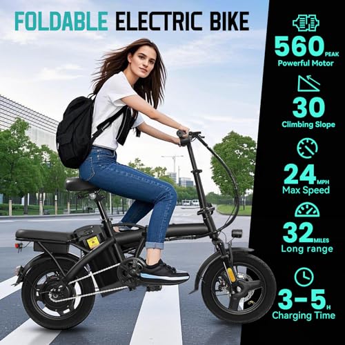 Electric Bike for Adults Teens, Commuter City Foldable ebike with 560W Motor and 48V Battery, 24MPH 3-Level Assist, Dual Disc Brakes,14