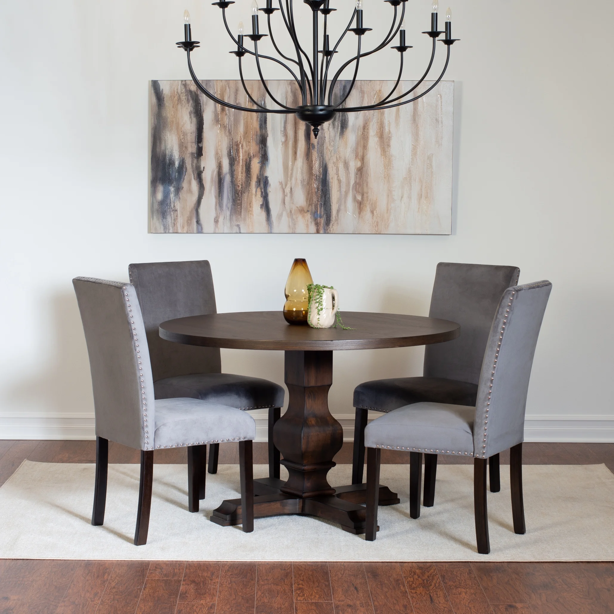 Roundhill Furniture Fordsville 5-piece Dining Set, Pedestal Round Table with 4 Stylish Chairs, Gray