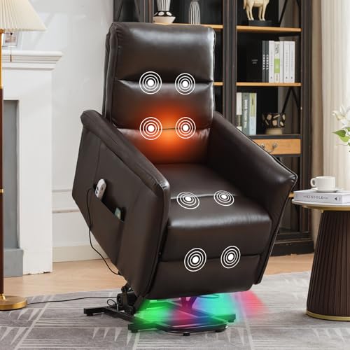 MANBUR Power Lift Recliner with Vibration and Lumbar Heat, Electric Power Lift Chair Recliner Chair, Home Theater Seating RV Recliner Living Room Chair with Side Pockets, LED Light, USB Port(Beige)