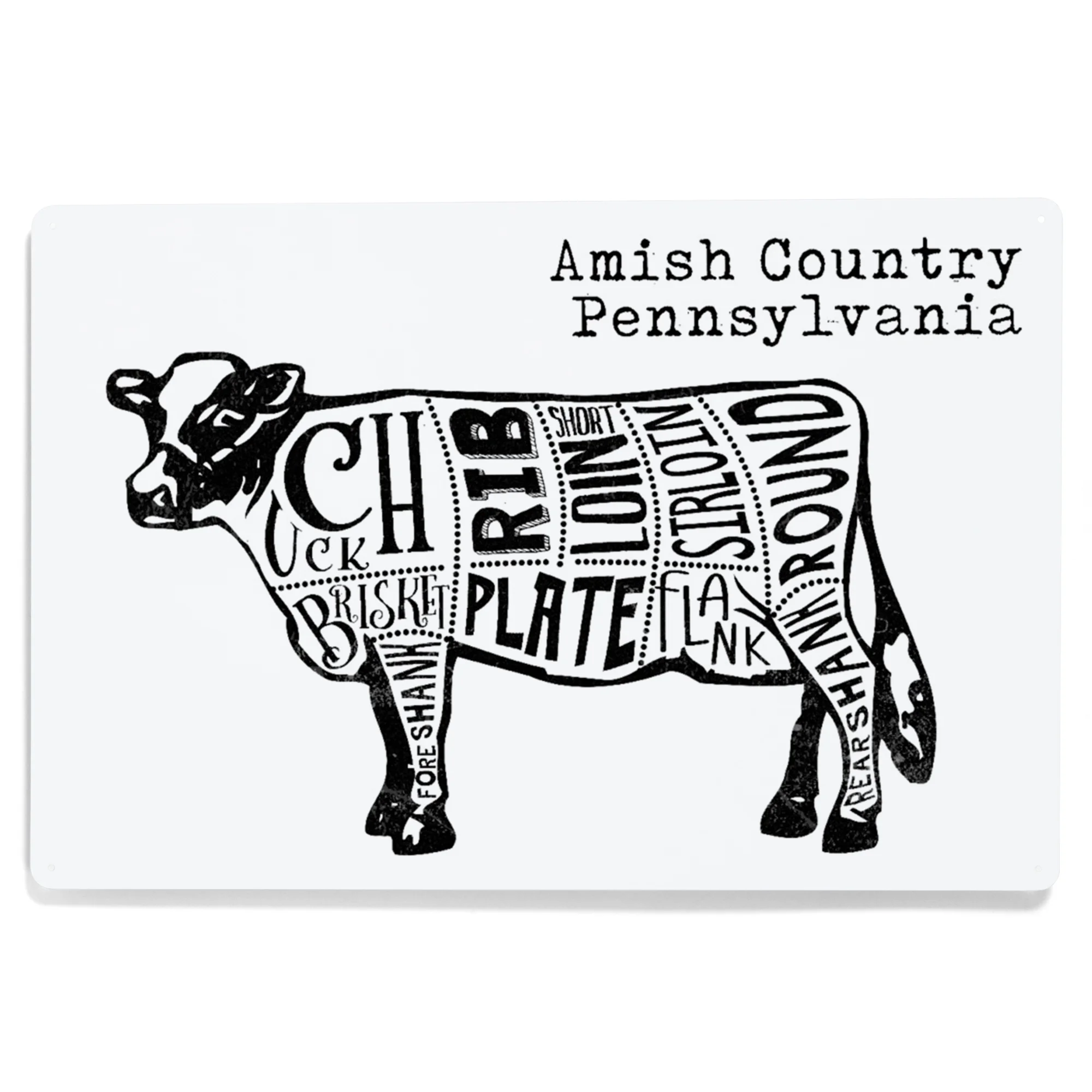 Amish Country, Pennsylvania, Butchers Block Meat Cuts, Black Cow on White Press (12x18 Aluminum Art, Indoor Outdoor Metal Sign Decor)