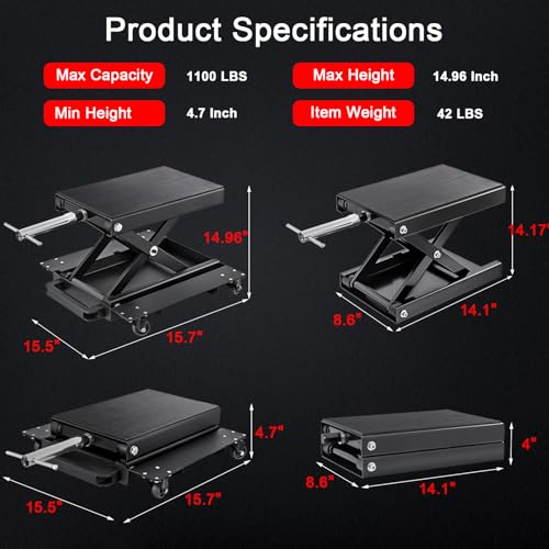 1200 LBS Motorcycle Jack with Dolly, Motorcycle Lift Stand for Dirt Bike ATV,Scissor Jack with Hand Crank Bikes Garage Repair Hoist Stand Ratchet Wrench