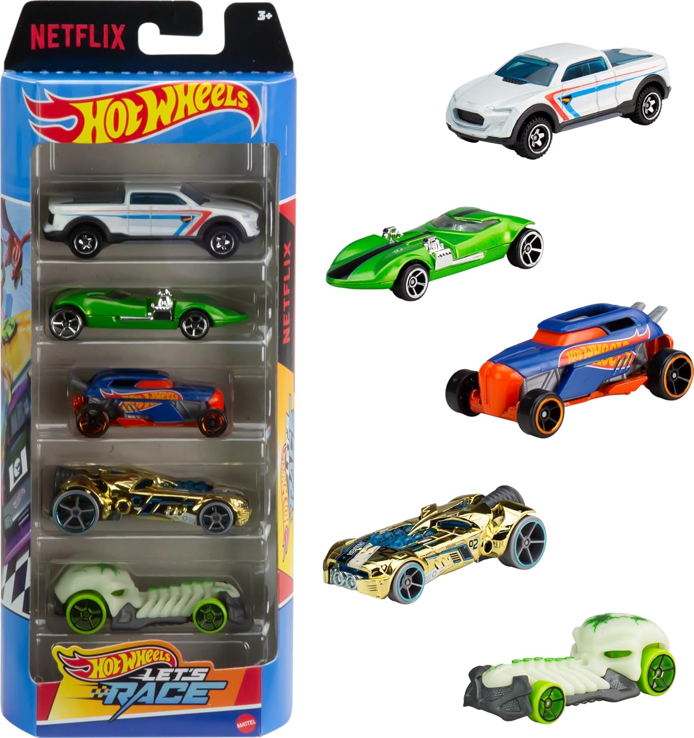 Hot Wheels Toy Cars & Trucks 5-Pack, Set of 5 Die-Cast Vehicles from The Animated Netflix Series Let’s Race!