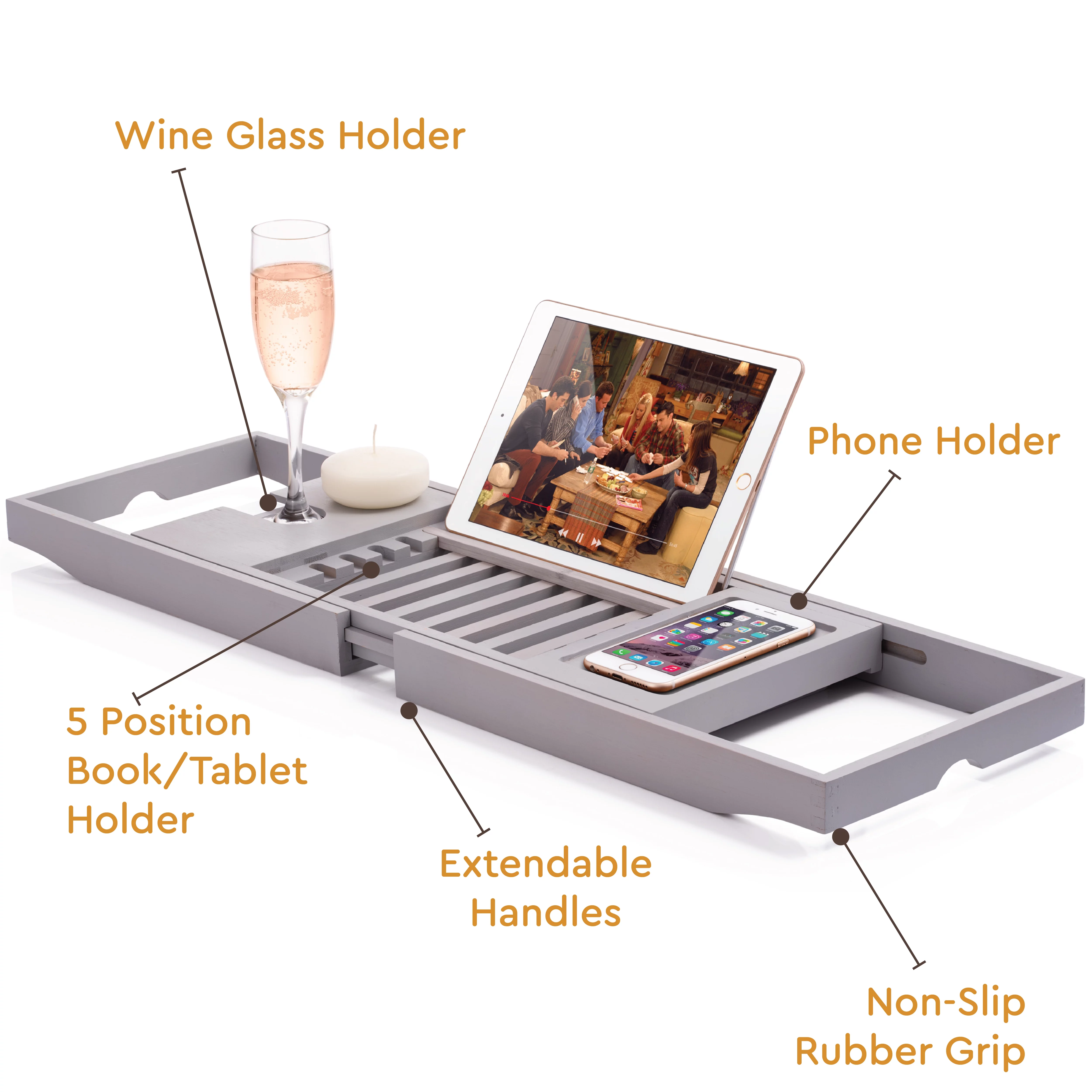 Bambusi Bathtub Caddy with Extendable Sides, Wine Glass Holder, Book Stand and Phone Tray