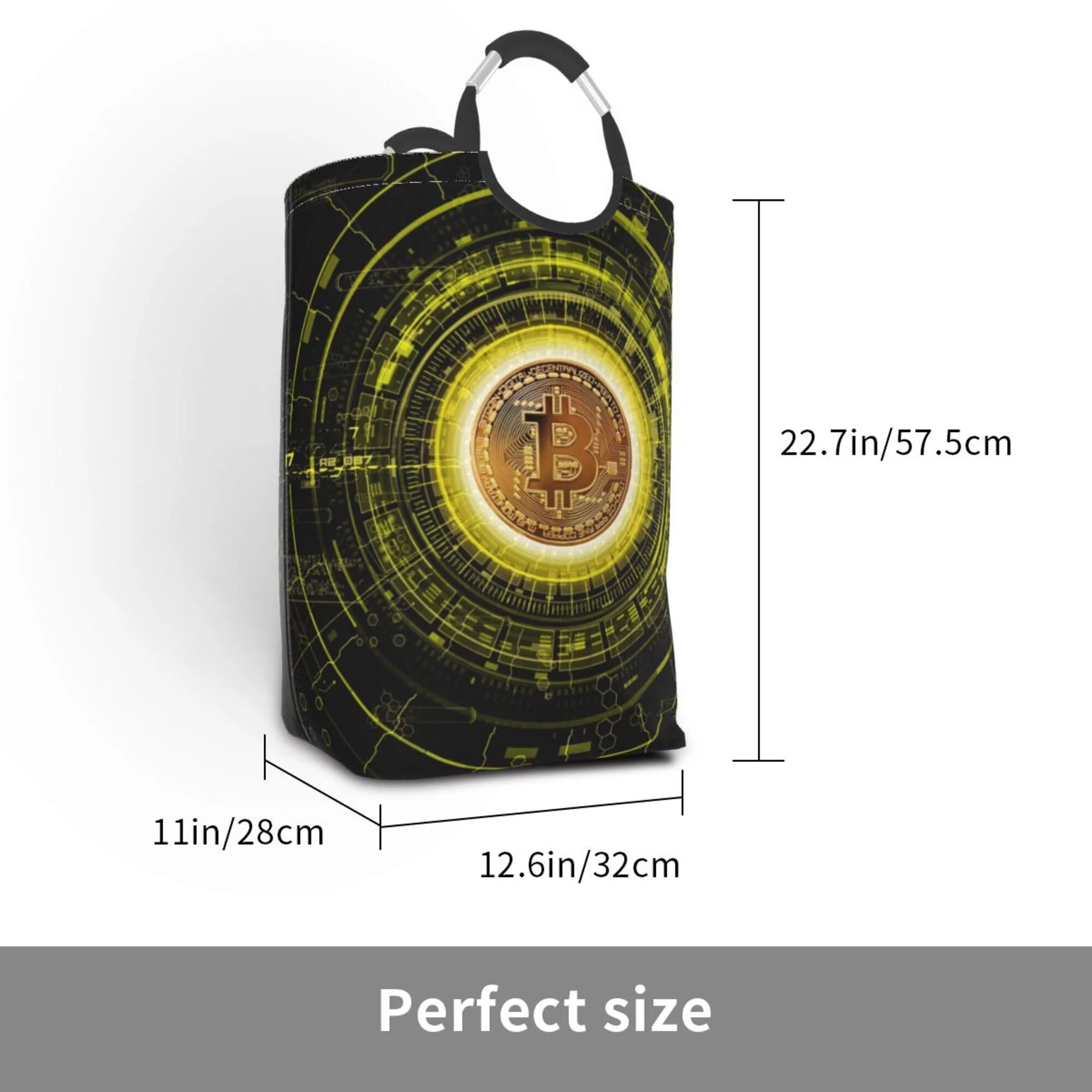 TEQUAN 50L Large Rectangular Laundry Hamper with Aluminum Handles, Crypto Currency Bitcoin Prints Waterproof Foldable Dirty Clothes Basket