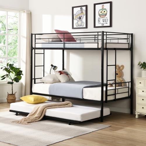 Bunk Bed, Twin Over Twin Metal Bunk Bed with Trundle Heavy Duty Bunk Beds Frame with 2 Side Ladders Convertible Bunkbed with Safety Guard Rails, No Box Spring Needed (Black, Twin Over Twin)