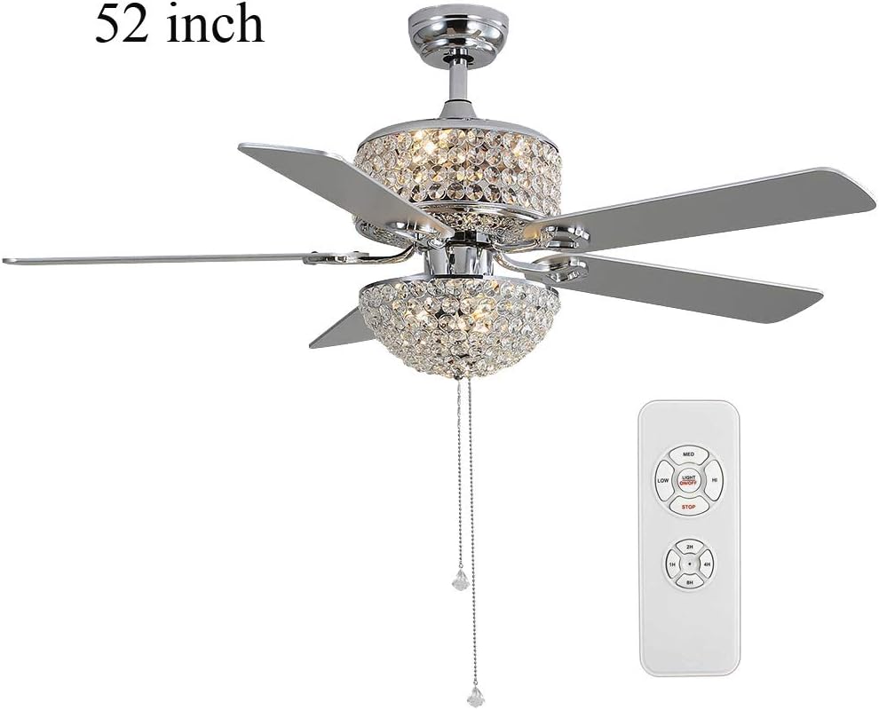 TFCFL Modern 52in Crystal Ceiling Fan with Light and Remote 5 Blades Chandelier Fan Lighting with 3 Speed Adjustable & Timing Function, Crystal Ceiling Fan for Living Room Bedroom Office (Silver)