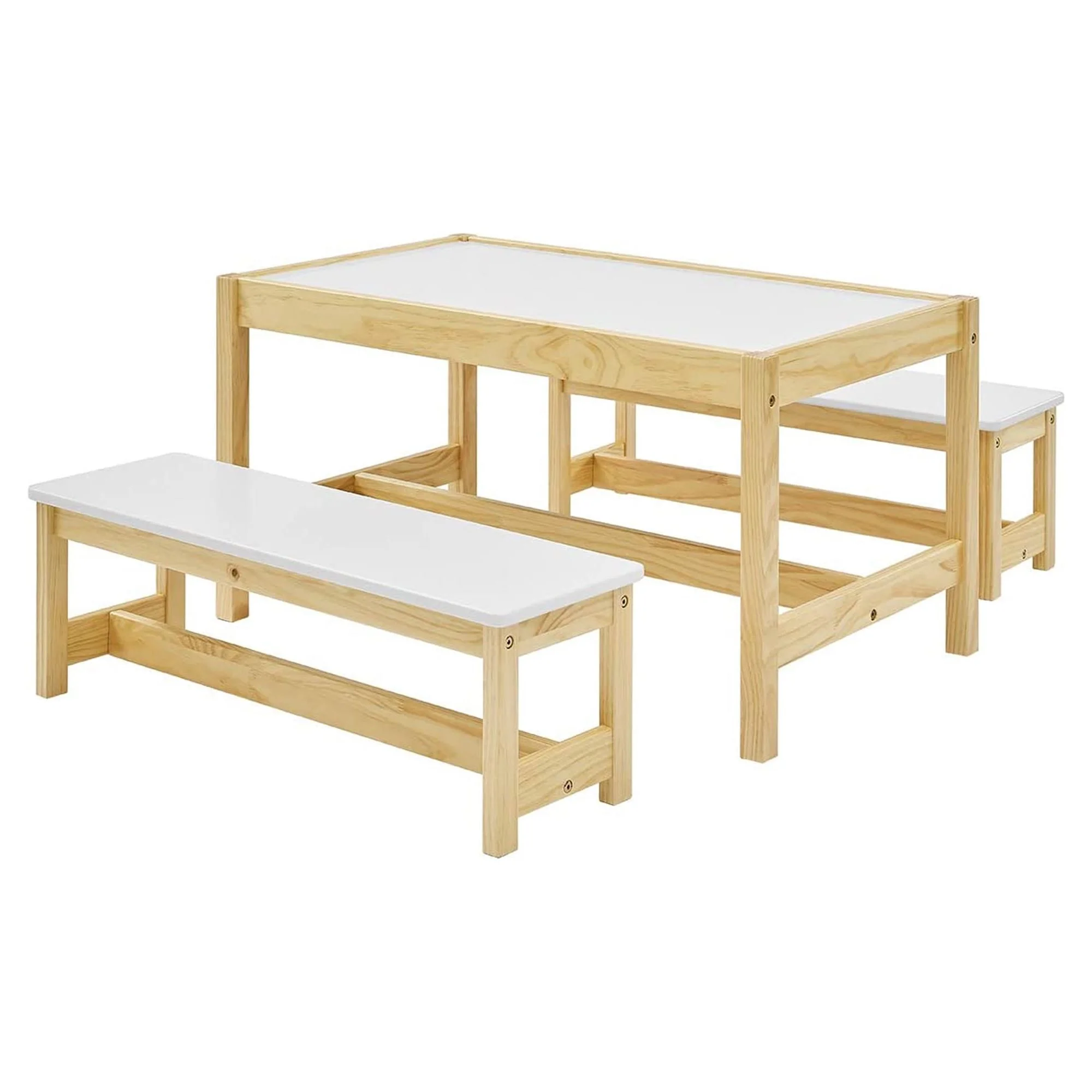 MUSEHOMEINC Wooden 3 In 1 Kids Toddlers Play Table and Bench Chair Set