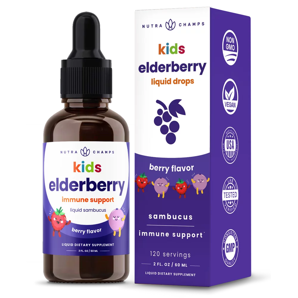 Black Elderberry for Kids Liquid Drops | 10:1 Extract Sambucus Elderberry Syrup for Kids | Sugar-Free European Elderberry Drops Berry Flavor | Immune Support for Children & Toddlers | 4 Month Supply