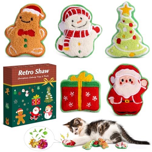 Retro Shaw Christmas Cat Toys, Xmas Catnip Toys for Indoor Cats Kitten Teeth Cleaning, Crinkly Interactive Cat Chew Nip Kitty Kicker Toy Santa Claus Trees Snowman, 5 Pack