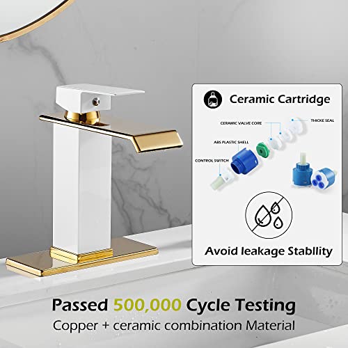 White Gold Faucet Bathroom Vessel Sink Golden Waterfall Spout Faucet Single Handle Bowl Sink Faucet Modern Single Hole Basin Vanity Tall Bathroom Sink Faucet with Pop Up Drain Stopper Supply Hose