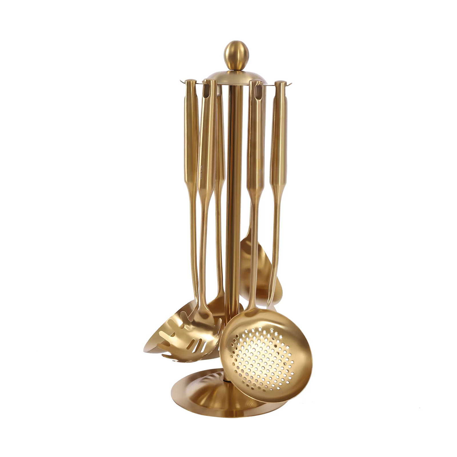 TFCFL 7Pcs Gold Kitchen Cooking Utensil Set with Utensil Stand,Soup Ladle Work Spatula