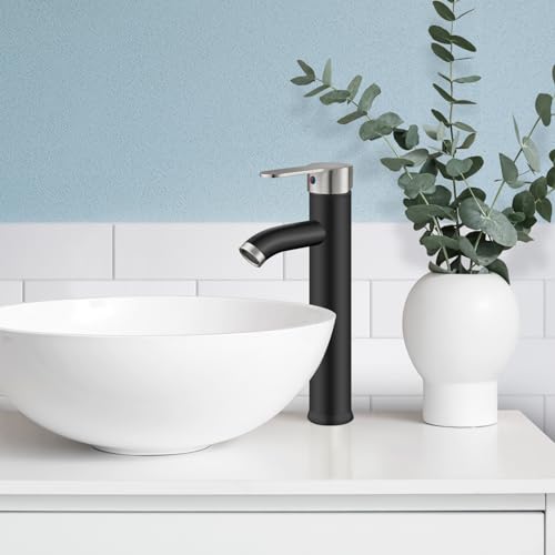 gotonovo Vessel Sink Faucet Modern Bathroom Faucet 1 Hole Deck Mount Lavatory Vanity Single Handle Mixer Tap with Water Supply Hoses and ABS Pop Up Drain Without Overflow, Matte Black