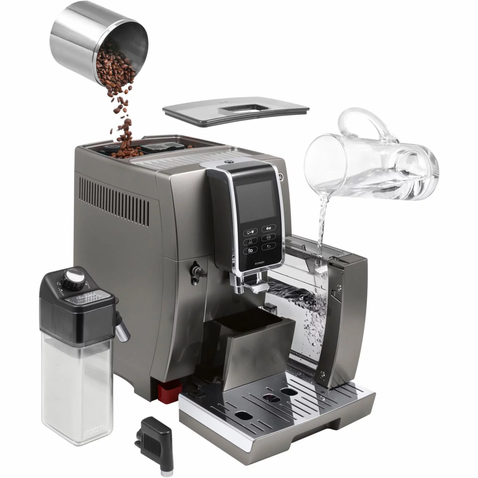 De'Longhi Dinamica Plus, Smart Coffee and Espresso Machine with Coffee Link Connectivity App and Automatic Milk Frother, Titanium