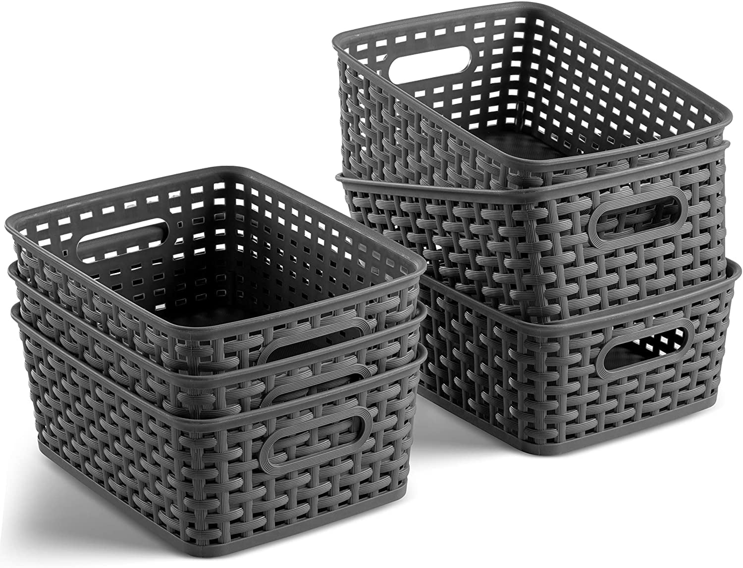 Set of 6 Plastic Storage Baskets - Small Pantry Organizer Basket Bins - Household Organizers with Cutout Handles for Kitchen Organization, Countertops, Cabinets, Bedrooms, and Bathrooms