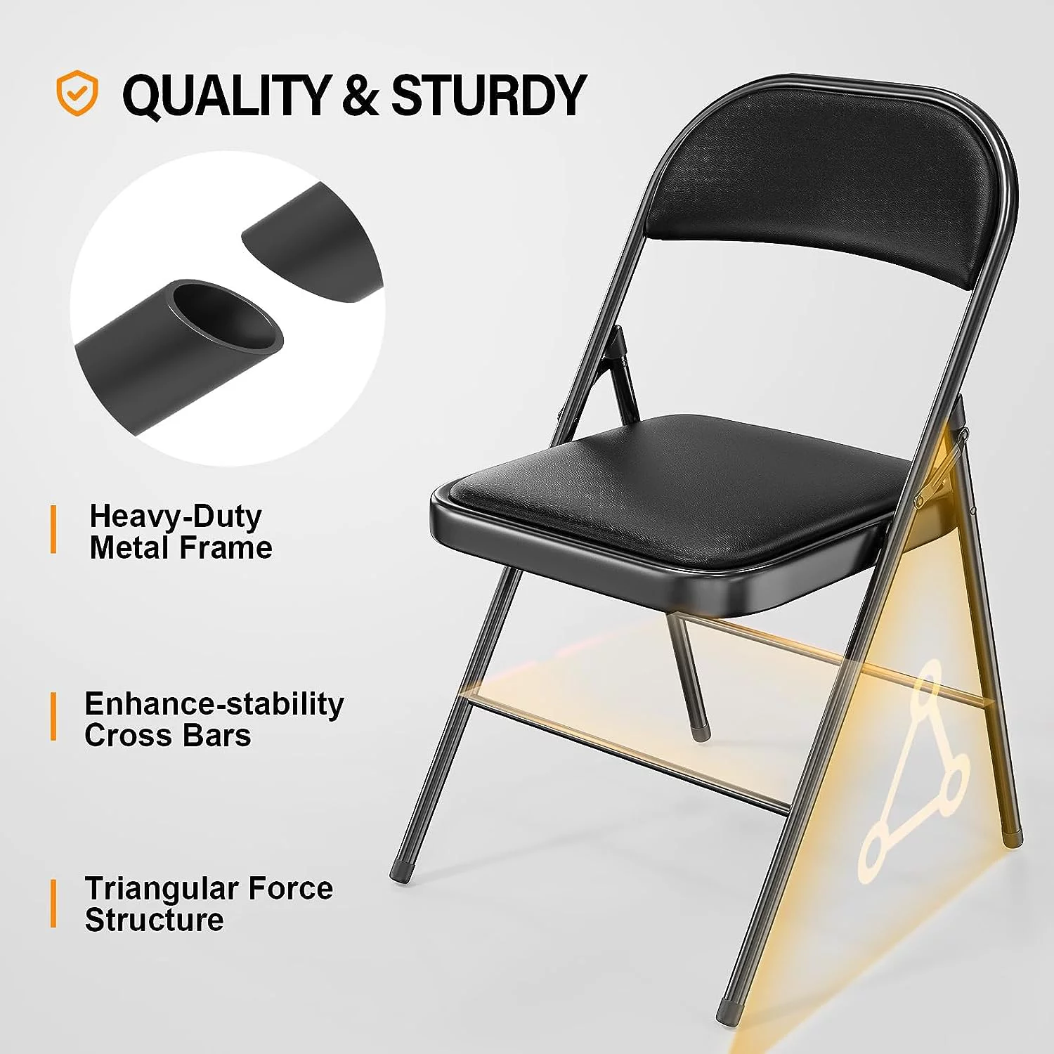 VINGLI Folding Chairs with Padded Seats, Metal Frame with Pu Leather Seat & Back, Capacity 350 lbs, Black, Set of 10